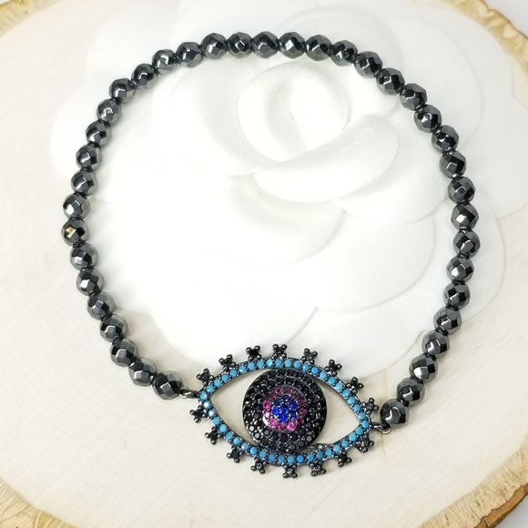 Pave Color CZ Evil Eye Hematite Bracelet NEW - Picture 5 of 7